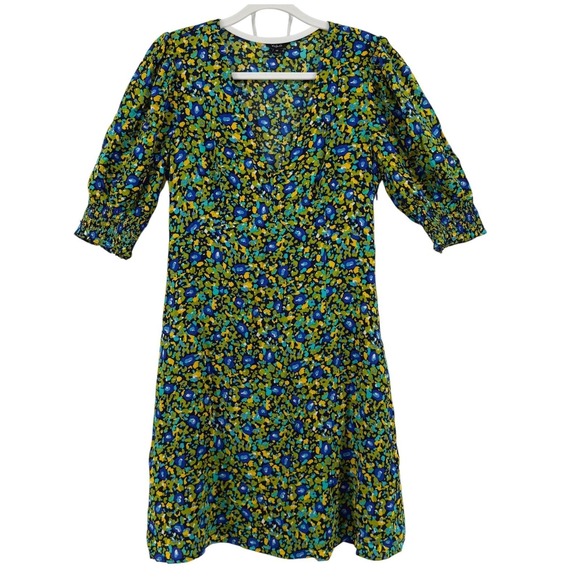 Rails Dresses & Skirts - Rails Roma Abstract Floral V-Neck Mini Dress Blue Green Yellow Puff Sleeve XS